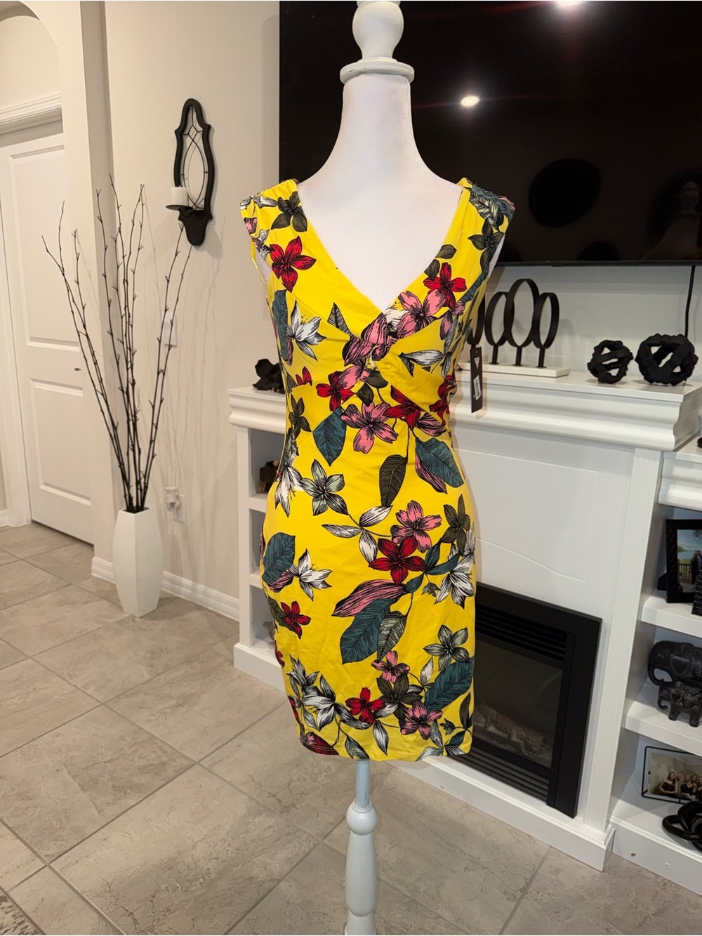 Guess Yellow Floral Wrap Dress with Pink & Green Accents Size S